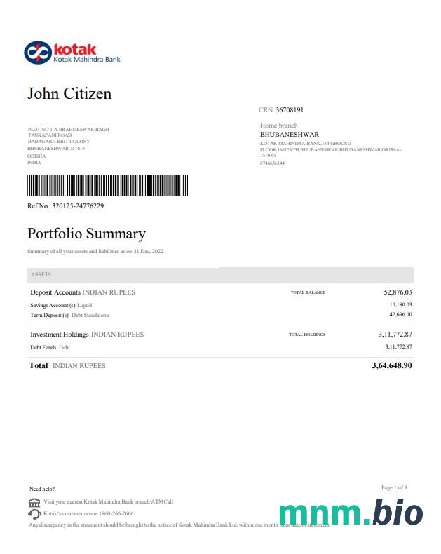 Indie Kotak Mahindra wyciąg z konta bankowego słowo i szablon PDF, 2 strony